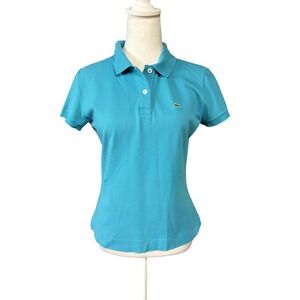 Lacoste Polo Shirt Womens 42 Blue Stretch Pique Short Sleeve Croc Logo Top